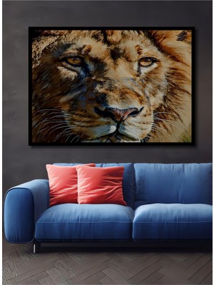 Çerçeve Görünümlü Yağlı Boya Görünümlü Aslan Kral Modern Sanat Ofis Dekoratif Ahşap Kare Tablo