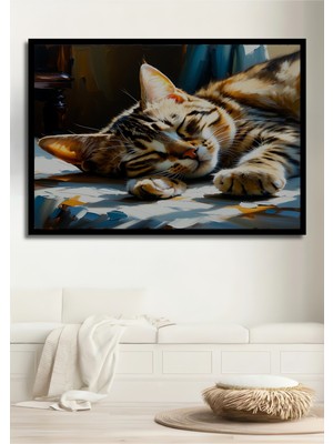 Çerçeve Görünümlü Uykucu Bengal Kedisi Yağlı Boya Görünümlü Dekoratif Ahşap Işyeri/ofis Kare Tablo