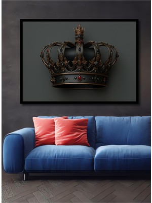 Çerçeve Görünümlü Siyah Altın Detaylı Kraliyet Tacı Yağlı Boya Görünümlü Ahşap Ofis Kare Tablo