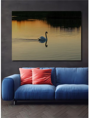 Altın Işıkta Kuğu Gölü Yağlı Boya Görünümlü Dekoratif Ahşap Ev/işyeri/ofis Kare Tablo