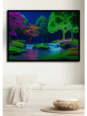Çerçeve Görünümlü Neon Işıltılı Şelale Rüyası Yağlı Boya Görünümlü Dekoratif Ahşap Ofis Kare Tablo