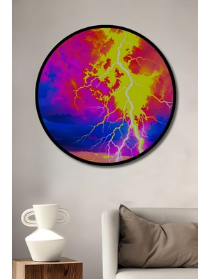 Çerçeve Görünümlü Neon Fırtına Yağlı Boya Görünümlü Dekoratif Ahşap Ev/işyeri/ofis Yuvarlak Tablo