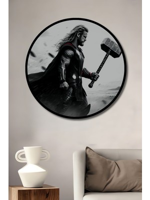 Çerçeve Görünümlü Thor Çekiçli Savaşçı Siyah Beyaz Görünümlü Dekoratif Ahşap Ofis Yuvarlak Tablo