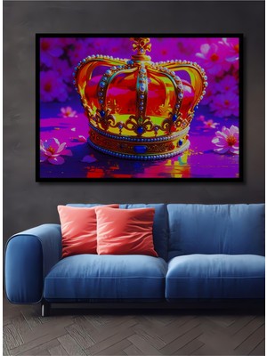 Çerçeve Görünümlü Çiçek Bahçesinde Altın Taç Yağlı Boya Görünümlü Dekoratif Ahşap Ofis Kare Tablo