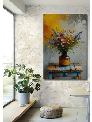 Vazoda Renkli Kır Çiçekleri Yağlı Boya Görünümlü Dekoratif Ahşap Ev/işyeri/ofis Kare Tablo