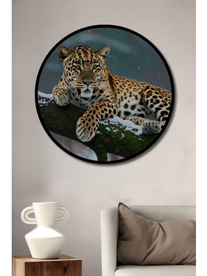 Çerçeve Görünümlü Kar Leoparı Karda Yağlı Boya Görünümlü Dekoratif Ahşap Işyeri/ofis Yuvarlak Tablo