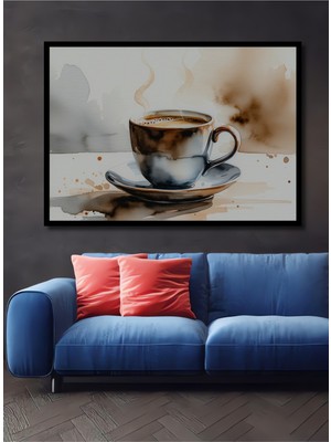 Çerçeve Görünümlü Dumanı Tüten Kahve Keyfi Sulu Boya Görünümlü Dekoratif Ahşap Ofis Kare Tablo