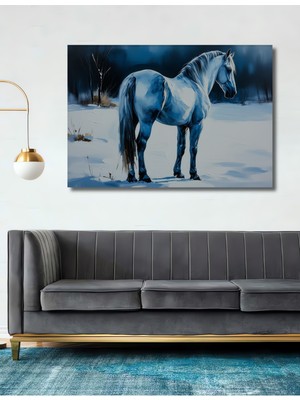 Beyaz At Kış Rüyası Yağlı Boya Görünümlü Dekoratif Ahşap Ev/işyeri/ofis Kare Tablo