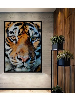 Çerçeve Görünümlü Kaplanın Gözünden Yağlı Boya Görünümlü Dekoratif Ahşap Ev/işyeri/ofis Kare Tablo