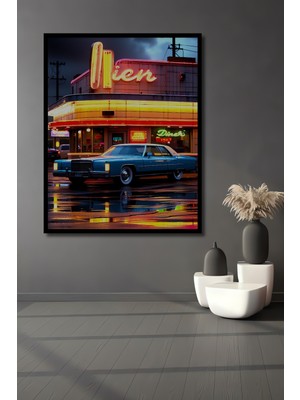 Çerçeve Görünümlü Retro Diner Önünde Klasik Araba Yağlı Boya Görünümlü Ahşap Ofis Kare Tablo
