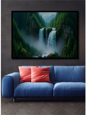Çerçeve Görünümlü Yeşil Vadi Şelalesi Yağlı Boya Görünümlü Dekoratif Ahşap Işyeri/ofis Kare Tablo