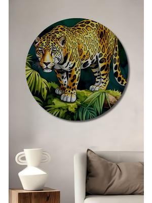 Tropikal Ormanlarda Jaguar Sulu Boya Görünümlü Dekoratif Ahşap Ev/işyeri/ofis Yuvarlak Tablo
