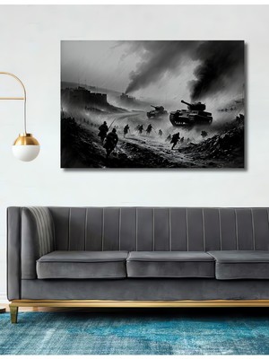 Savaşın Kara Kalem Görünümlü Destansı Anı Dekoratif Ahşap Ev/işyeri/ofis Kare Tablo