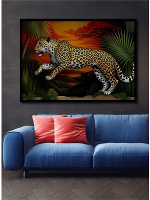 Çerçeve Görünümlü Tropikal Ormanda Leopar Yağlı Boya Görünümlü Ofis Dekoratif Ahşap Kare Tablo