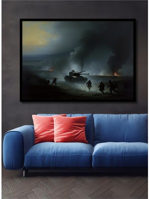 Çerçeve Görünümlü Tank Hücumu Yağlı Boya Görünümlü Dekoratif Ahşap Ev/işyeri/ofis Kare Tablo