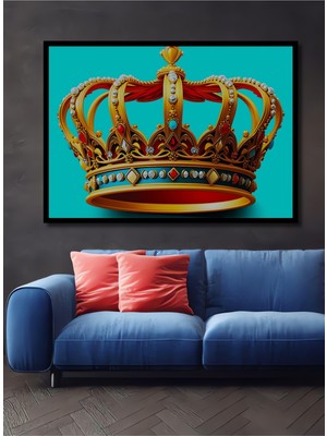 Çerçeve Görünümlü Göz Kamaştıran Altın Taç Yağlı Boya Görünümlü Dekoratif Ahşap Ofis Kare Tablo