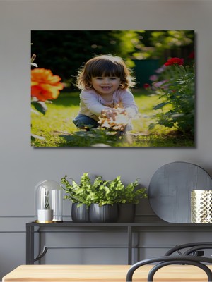 Gül Bahçesinde Çocuk Neşesi Yağlı Boya Görünümlü Dekoratif Ahşap Ev/işyeri/ofis Kare Tablo