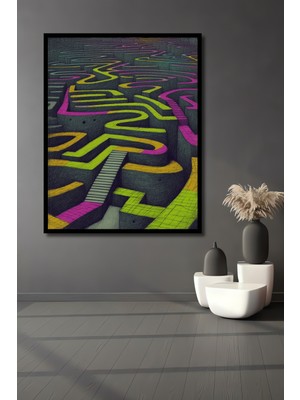 Çerçeve Görünümlü Neon Labirent Kara Kalem Görünümlü Dekoratif Ahşap Ev/işyeri/ofis Kare Tablo