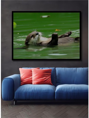 Çerçeve Görünümlü Su Samuru Keyfi Yağlı Boya Görünümlü Dekoratif Ahşap Ev/işyeri/ofis Kare Tablo