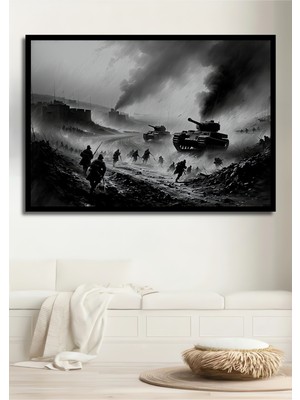 Çerçeve Görünümlü Savaşın Kara Kalem Görünümlü Destansı Anı Dekoratif Ahşap Işyeri/ofis Kare Tablo
