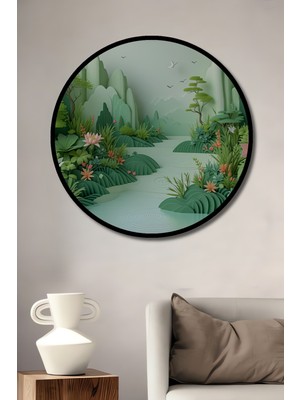 Çerçeve Görünümlü Yeşil Cennet Bahçesi Yağlı Boya Görünümlü Dekoratif Ahşap Ofis Yuvarlak Tablo