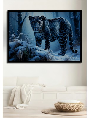 Çerçeve Görünümlü Karda Yürüyen Jaguar Yağlı Boya Görünümlü Işyeri/ofis Dekoratif Ahşap Kare Tablo