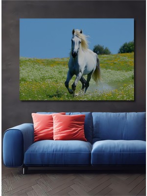 Beyaz At Çiçek Bahçesi Yağlı Boya Görünümlü Dekoratif Ahşap Ev/işyeri/ofis Kare Tablo