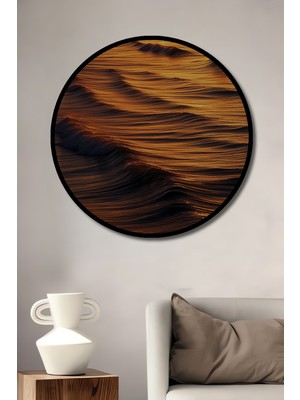 Çerçeve Görünümlü Altın Deniz Dalgaları Yağlı Boya Görünümlü Dekoratif Ahşap Ofis Yuvarlak Tablo