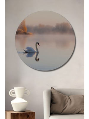 Huzurlu Göl Manzarası ve Kuğu Pastel Boya Görünümlü Dekoratif Ahşap Ev/işyeri/ofis Yuvarlak Tablo