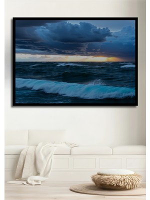 Çerçeve Görünümlü Fırtınalı Deniz Manzarası Yağlı Boya Görünümlü Dekoratif Ahşap Ofis Kare Tablo
