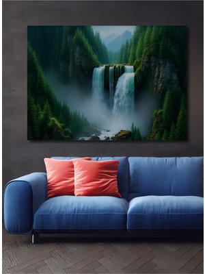Yeşil Vadi Şelalesi Yağlı Boya Görünümlü Dekoratif Ahşap Ev/işyeri/ofis Kare Tablo
