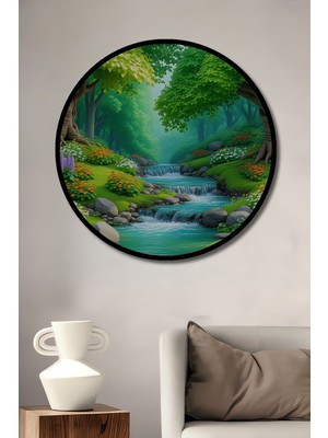 Çerçeve Görünümlü Sulu Boya Görünümlü Şelale Orman Ev/işyeri/ofis Dekoratif Ahşap Yuvarlak Tablosu