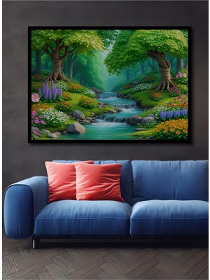 Çerçeve Görünümlü Sulu Boya Görünümlü Şelale Orman Ev/işyeri/ofis Dekoratif Ahşap Kare Tablosu