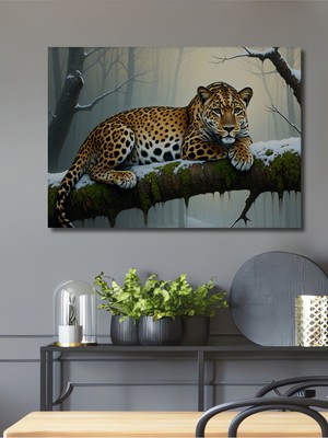 Ormanda Yatan Jaguar Yağlı Boya Görünümlü Dekoratif Ahşap Ev/işyeri/ofis Kare Tablo