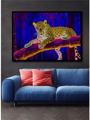 Çerçeve Görünümlü Neon Ormanda Leopar Yağlı Boya Görünümlü Işyeri/ofis Dekoratif Ahşap Kare Tablo