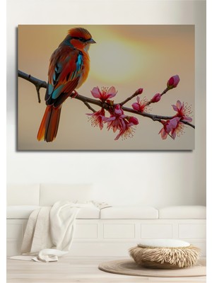 Sakura Dalında Renkli Kuş Yağlı Boya Görünümlü Dekoratif Ahşap Ev/işyeri/ofis Kare Tablo