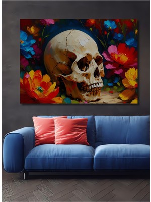 Çiçekler Arasında Kafatası Yağlı Boya Görünümlü Ev/işyeri/ofis Dekoratif Ahşap Kare Tablo