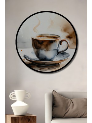 Çerçeve Görünümlü Dumanı Tüten Kahve Keyfi Sulu Boya Görünümlü Dekoratif Ahşap Ofis Yuvarlak Tablo