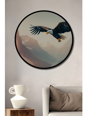 Çerçeve Görünümlü Yağlı Boya Görünümlü Dağlar ve Kartal Uçuşu Dekoratif Ahşap Ofis Yuvarlak Tablo