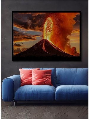 Çerçeve Görünümlü Ateş Dansı Yağlı Boya Görünümlü Yanardağ Işyeri/ofis Dekoratif Ahşap Kare Tablo