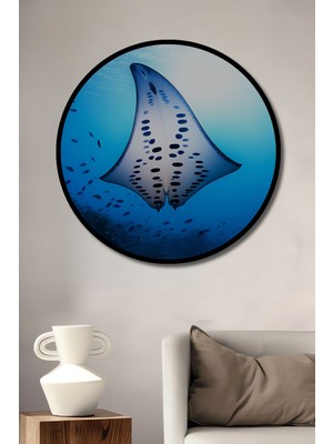 Çerçeve Görünümlü Nefes Kesen Manta Vatozu Yağlı Boya Görünümlü Dekoratif Ahşap Ofis Yuvarlak Tablo