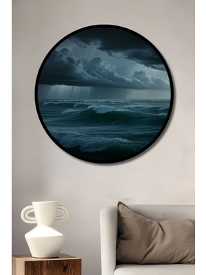 Çerçeve Görünümlü Fırtınalı Denizde Yağlı Boya Görünümlü Dalgalar Ofis Ahşap Yuvarlak Tablosu