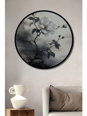 Çerçeve Görünümlü Beyaz Kamelya Kara Kalem Görünümlü Dekoratif Ahşap Ev/işyeri/ofis Yuvarlak Tablo