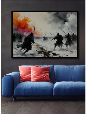 Çerçeve Görünümlü Samuray Savaşçıları Sulu Boya Görünümlü Dekoratif Ahşap Ev/işyeri/ofis Kare Tablo