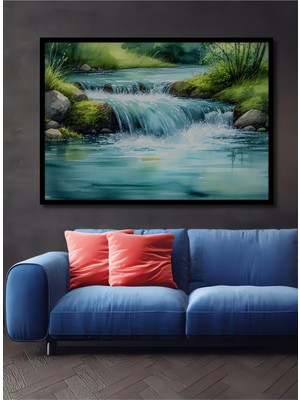 Çerçeve Görünümlü Sakin Şelale Sulu Boya Görünümlü Dekoratif Ahşap Ev/işyeri/ofis Kare Tablo