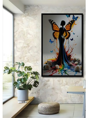 Çerçeve Görünümlü Kelebek Kanatlı Kadın Rüyası Yağlı Boya Görünümlü Dekoratif Ahşap Ofis Kare Tablo