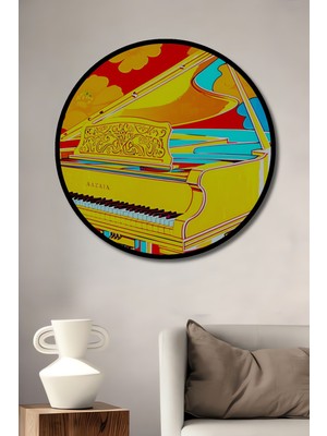 Çerçeve Görünümlü Çiçekler Arasında Sarı Piyano Pop Art Yağlı Boya Görünümlü Ahşap Ofis Tablo