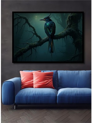 Çerçeve Görünümlü Mistikal Orman Kuşu Yağlı Boya Görünümlü Dekoratif Ahşap Işyeri/ofis Kare Tablo