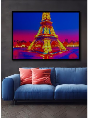 Çerçeve Görünümlü Neon Işıklar Altında Eyfel Kulesi Yağlı Boya Görünümlü Ahşap Ofis Kare Tablo