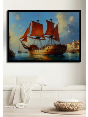 Çerçeve Görünümlü Kızıl Yelkenli Gemisi Yağlı Boya Görünümlü Işyeri/ofis Dekoratif Ahşap Kare Tablo
